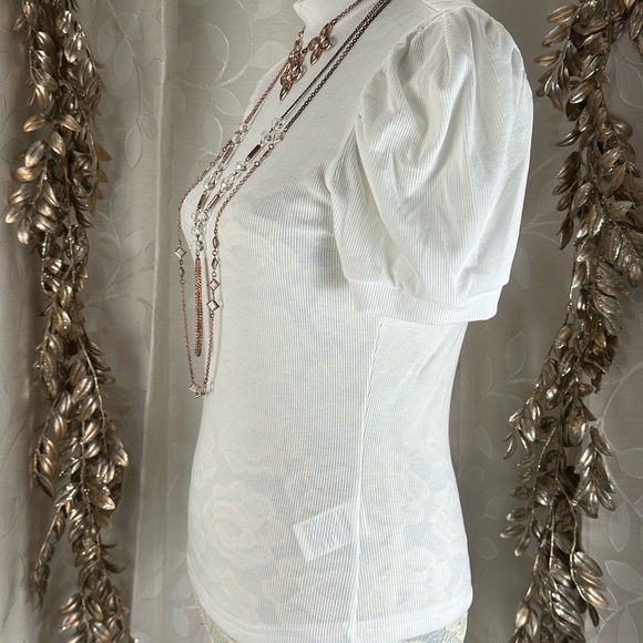Floerns White Puff Sleeve Mock Neck Ribbed Top - Medium Layering Essential Basic - Picture 6 of 13